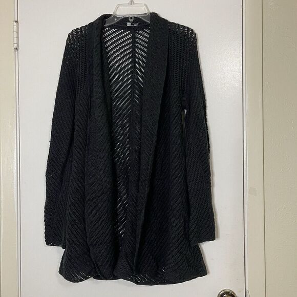 EILEEN FISHER open knit crochet long tunic gray sweater cardigan merino wool Med - Picture 1 of 5